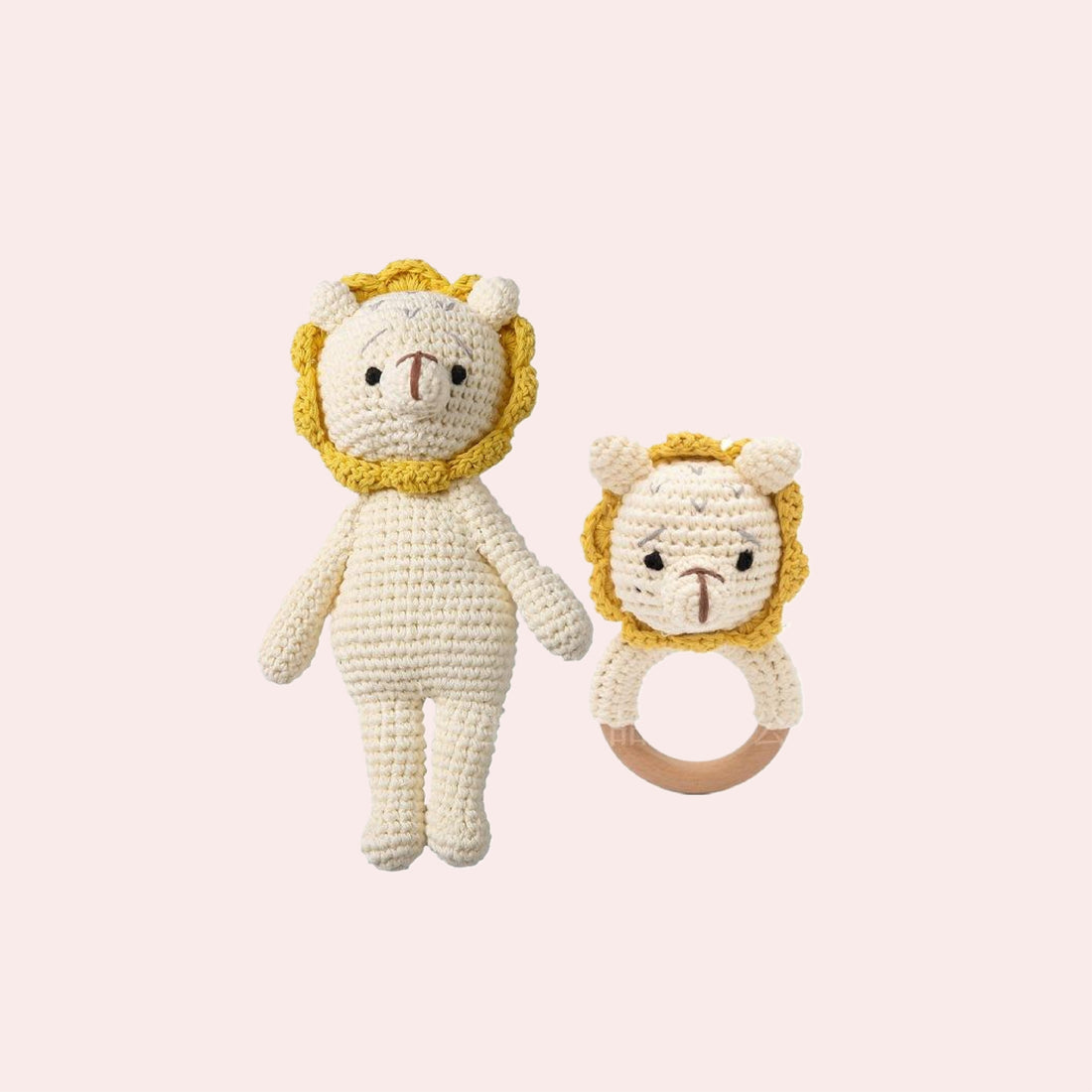 Cream and mustard crochet lion plush with matching wooden-ring baby rattle