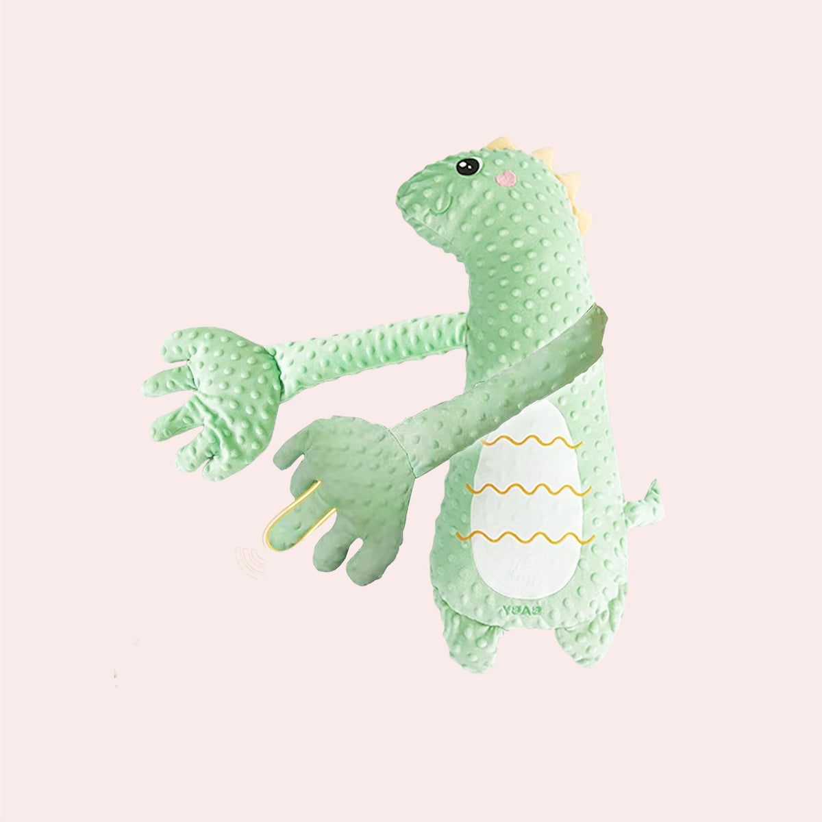 Pale-green dinosaur patting toy with dotted plush, long arms, oversized hands and embroidered belly