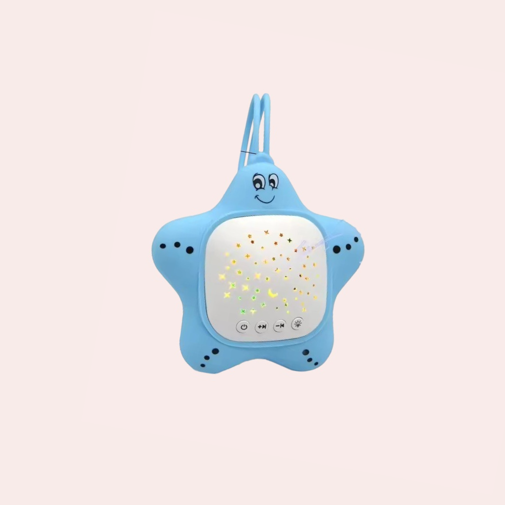 Blue star-shaped portable baby white noise machine with hanging loop and front projector