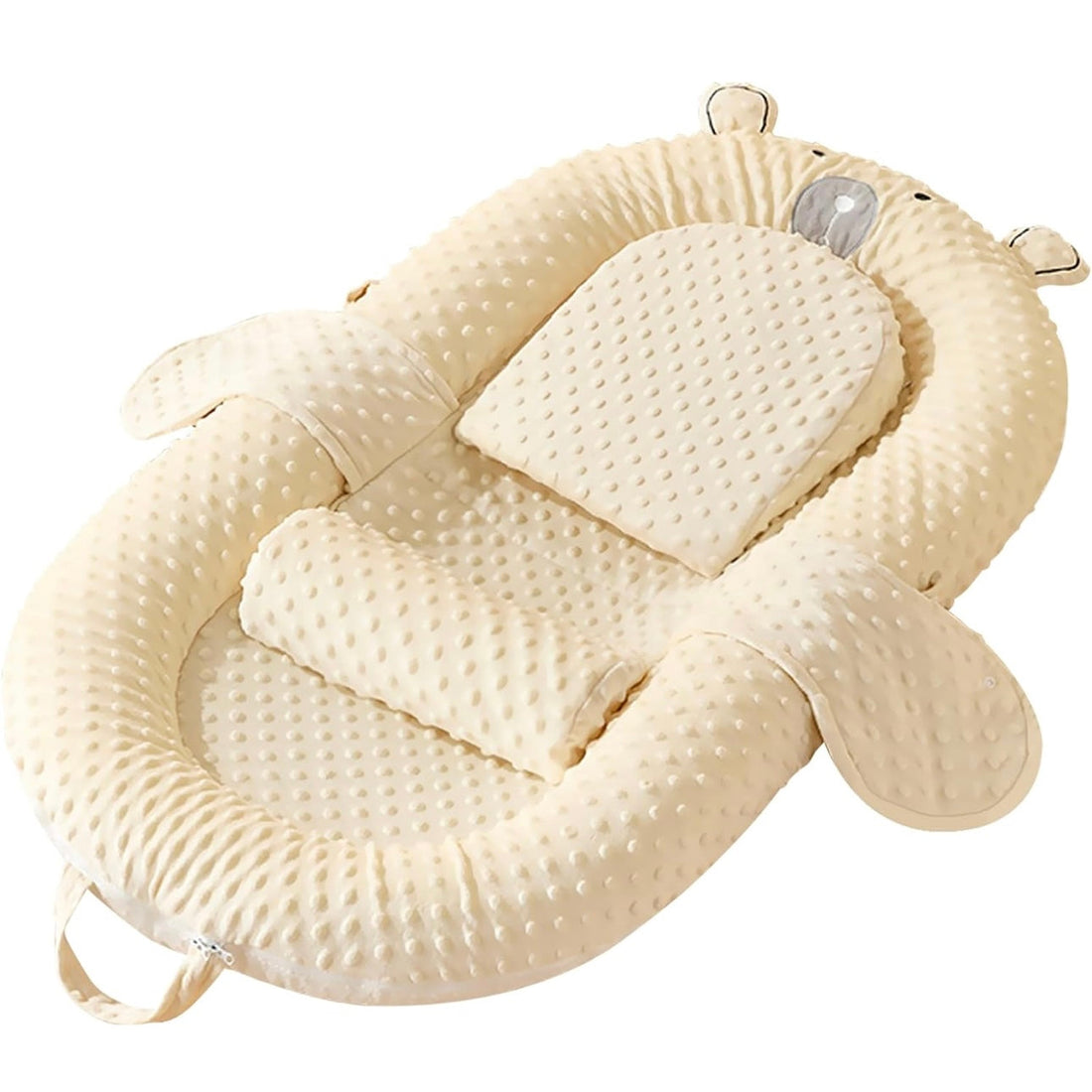 Yellow animal-shaped baby nest with raised padded border and cream center
