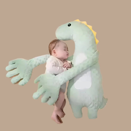 Tall mint-green dinosaur soothing doll with yellow back spikes, white belly and two long textured palms