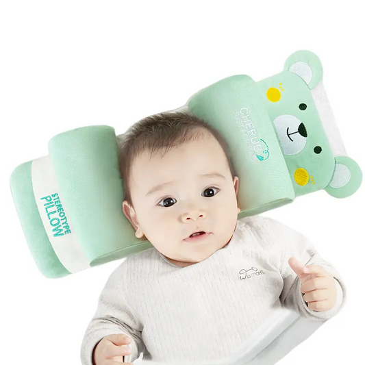 Light green bear side-roll baby pillow with two padded rolls and a mesh center panel