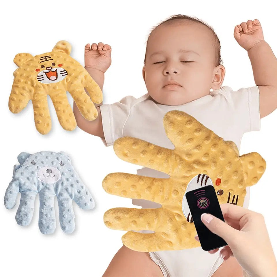 Tiger-face soothing palm options with dotted fabric and a pictured handheld remote