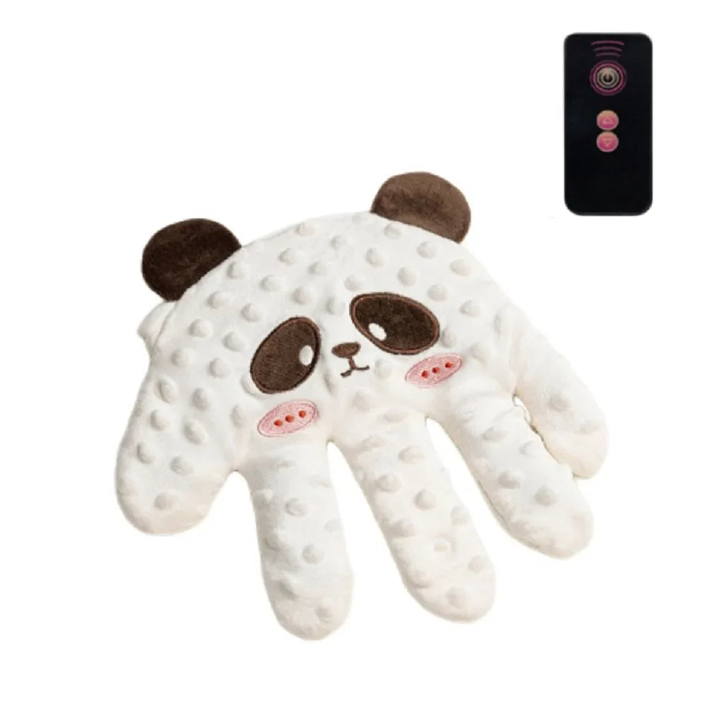 White panda animal patting palm plush with five rounded fingers and pictured black remote