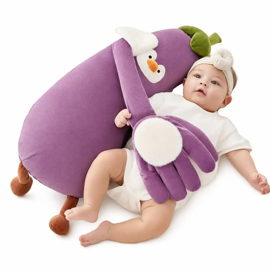 infant using Imomoto electric patting eggplant toy for sleep soothing with constant heat feature