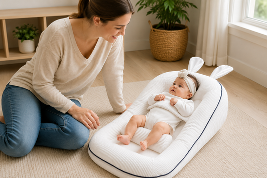 Mother closely supervising her awake baby in the white rabbit-ear MEACAOFG lounger on the floor