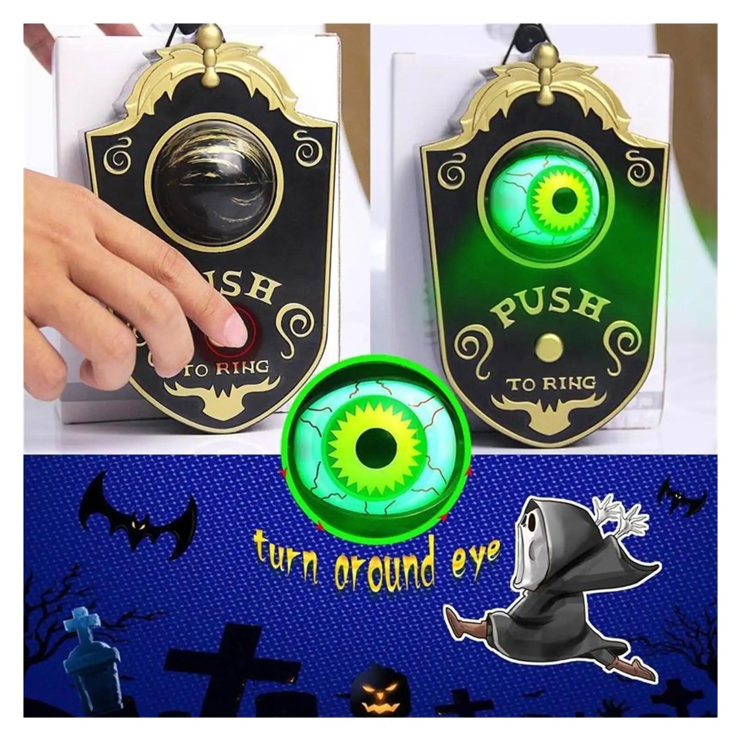 Halloween Door Bell Animated Eyeball Door Bell Decor Outside Scary Light Up Witch Prop for Party Hau - MEACAOFG