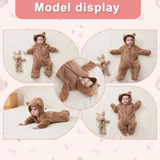 Newborn Baby Bear Outfit With Fold-Over Mittens and Footies