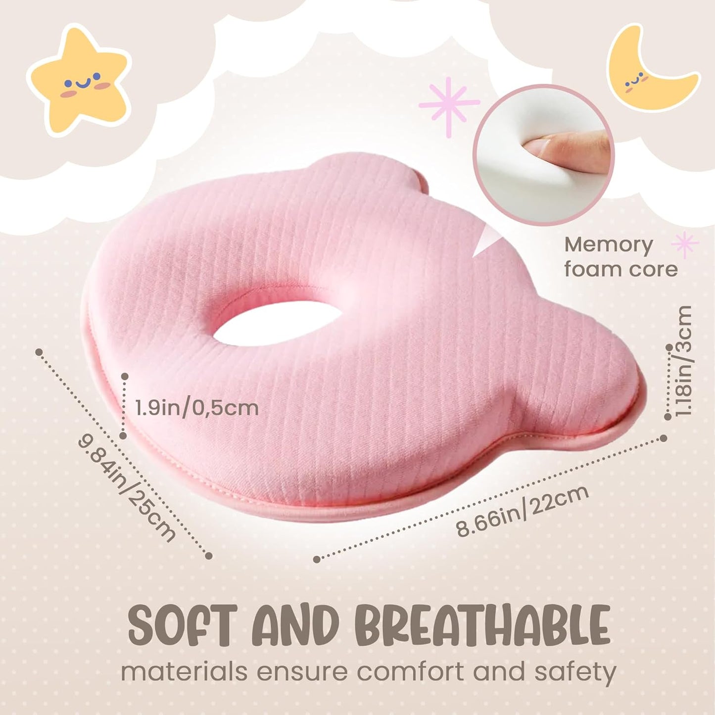 Soft and Breathable Baby Pillow with Memory Foam and Bear Design