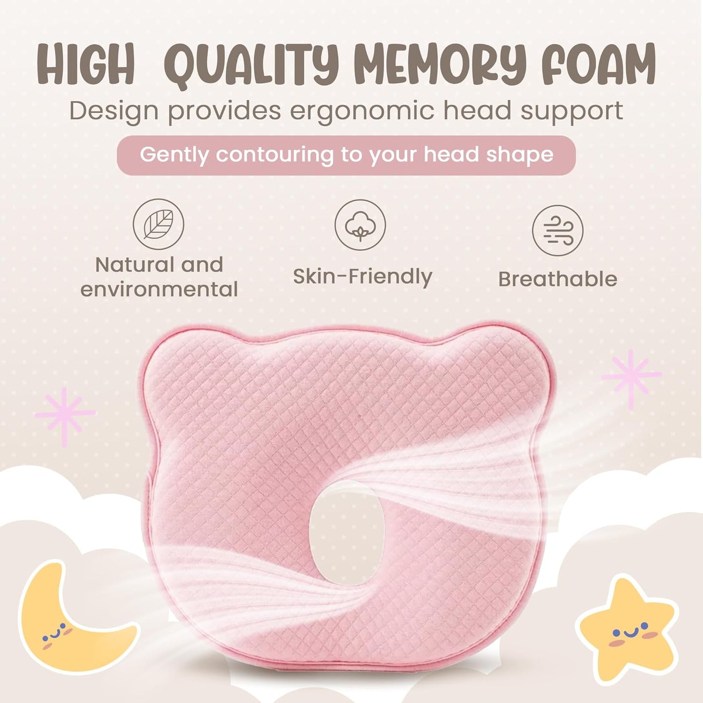 Soft and Breathable Baby Pillow with Memory Foam and Bear Design