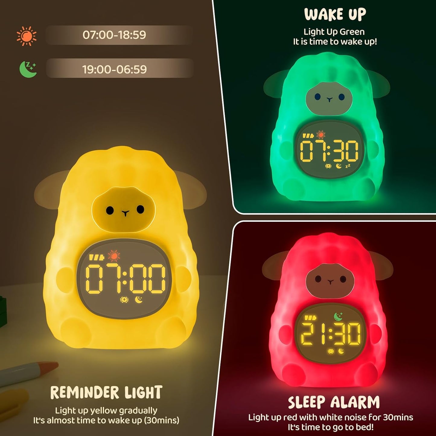 Sheep Alarm Clock with Night Light for Kids with Sleep Training and Sound Machine