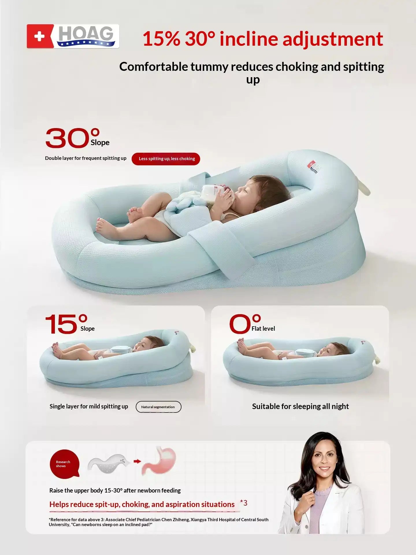 Adjustable baby lounger with 0 15 30 degree incline options