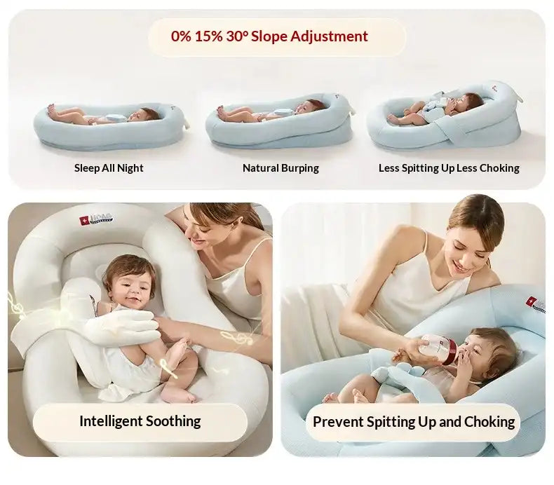 Adjustable baby lounger showing 3 incline angles and soothing modes