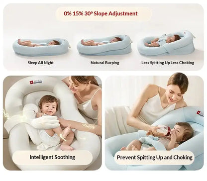 Adjustable baby lounger showing 3 incline angles and soothing modes