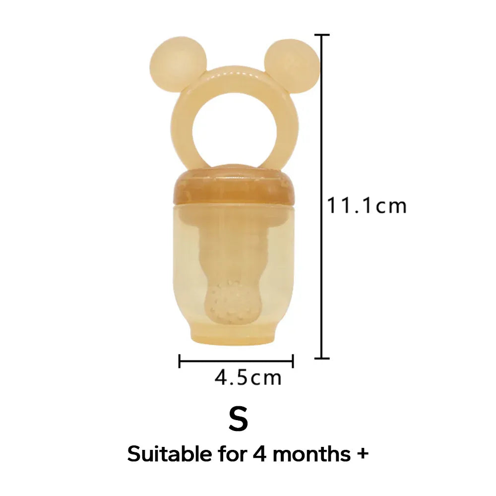 Baby teether with dimensions and suitability for age group on a white background