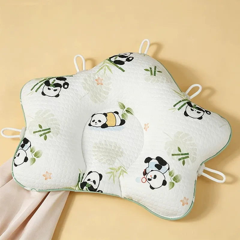 Breathable baby head shaping pillow with contoured center support and cute elephant panda floral cartoon prints for newborns and infants