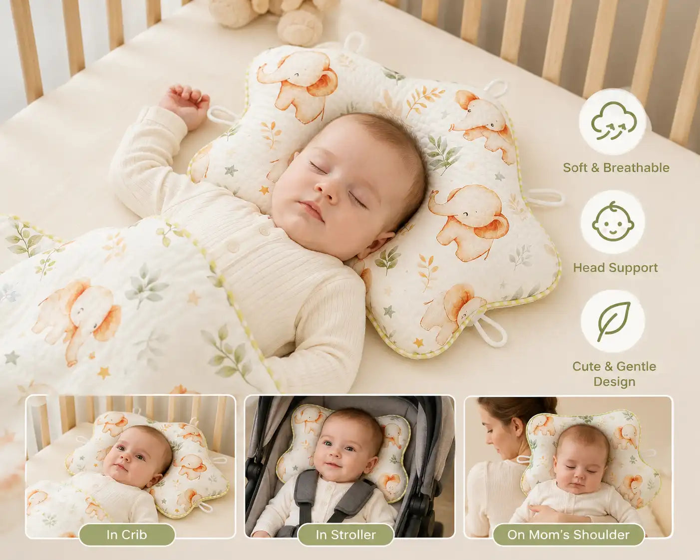 Baby Head Shaping Pillow for Newborns, Breathable Infant Flat Head Support Pillow with Cute Cartoon Prints