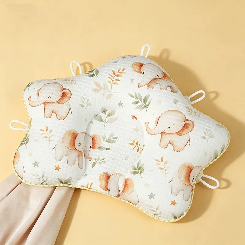 Breathable baby head shaping pillow with contoured center support and cute elephant panda floral cartoon prints for newborns and infants