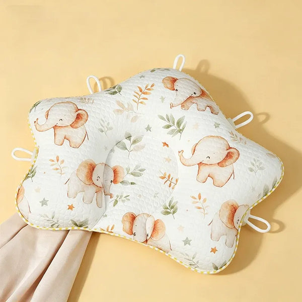 Breathable baby head shaping pillow with contoured center support and cute elephant panda floral cartoon prints for newborns and infants