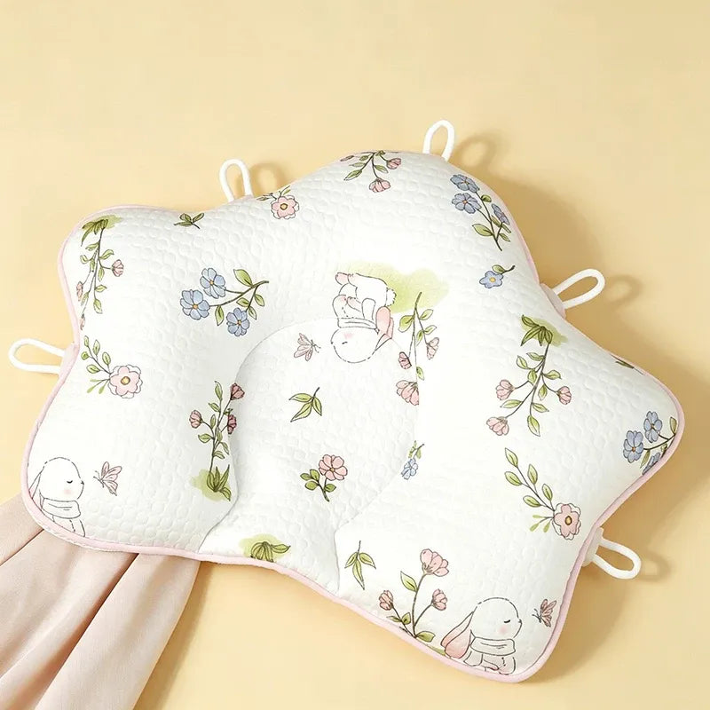 Breathable baby head shaping pillow with contoured center support and cute elephant panda floral cartoon prints for newborns and infants