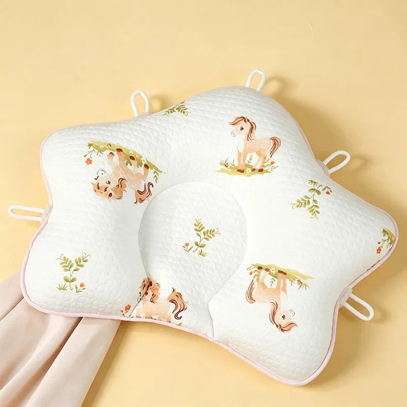 Breathable baby head shaping pillow with contoured center support and cute elephant panda floral cartoon prints for newborns and infants