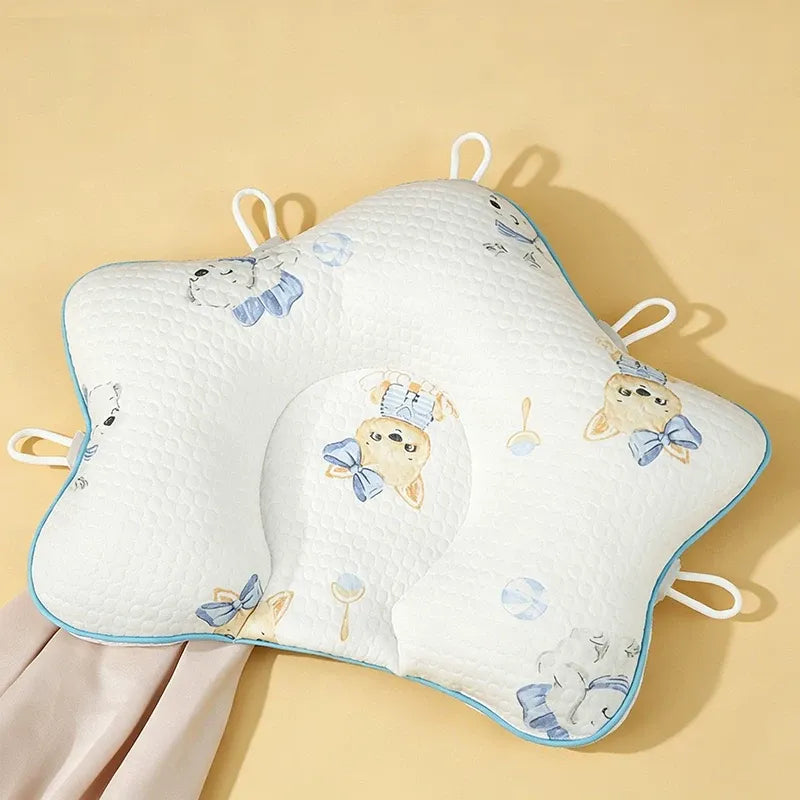Breathable baby head shaping pillow with contoured center support and cute elephant panda floral cartoon prints for newborns and infants