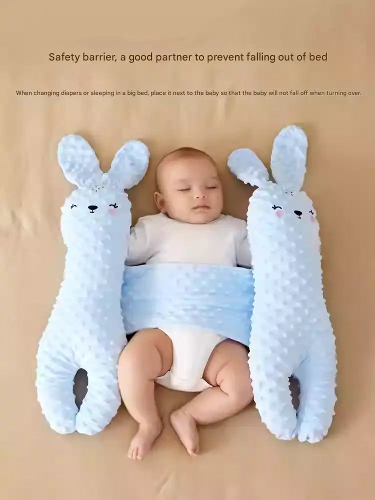Blue plush rabbit baby side sleeper pillow ensuring safe sleep position
