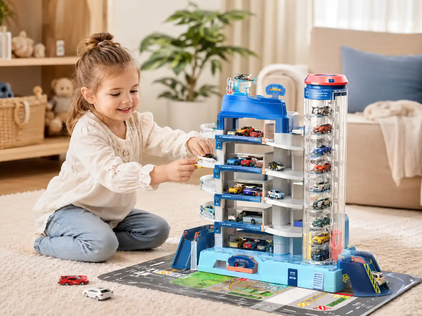 MEACAOFG Kids Electric Parking Garage Toy Set with Car Elevator, Ramp Track & Mini Cars – Interactive City Parking Lot Playset for Toddlers and Children
