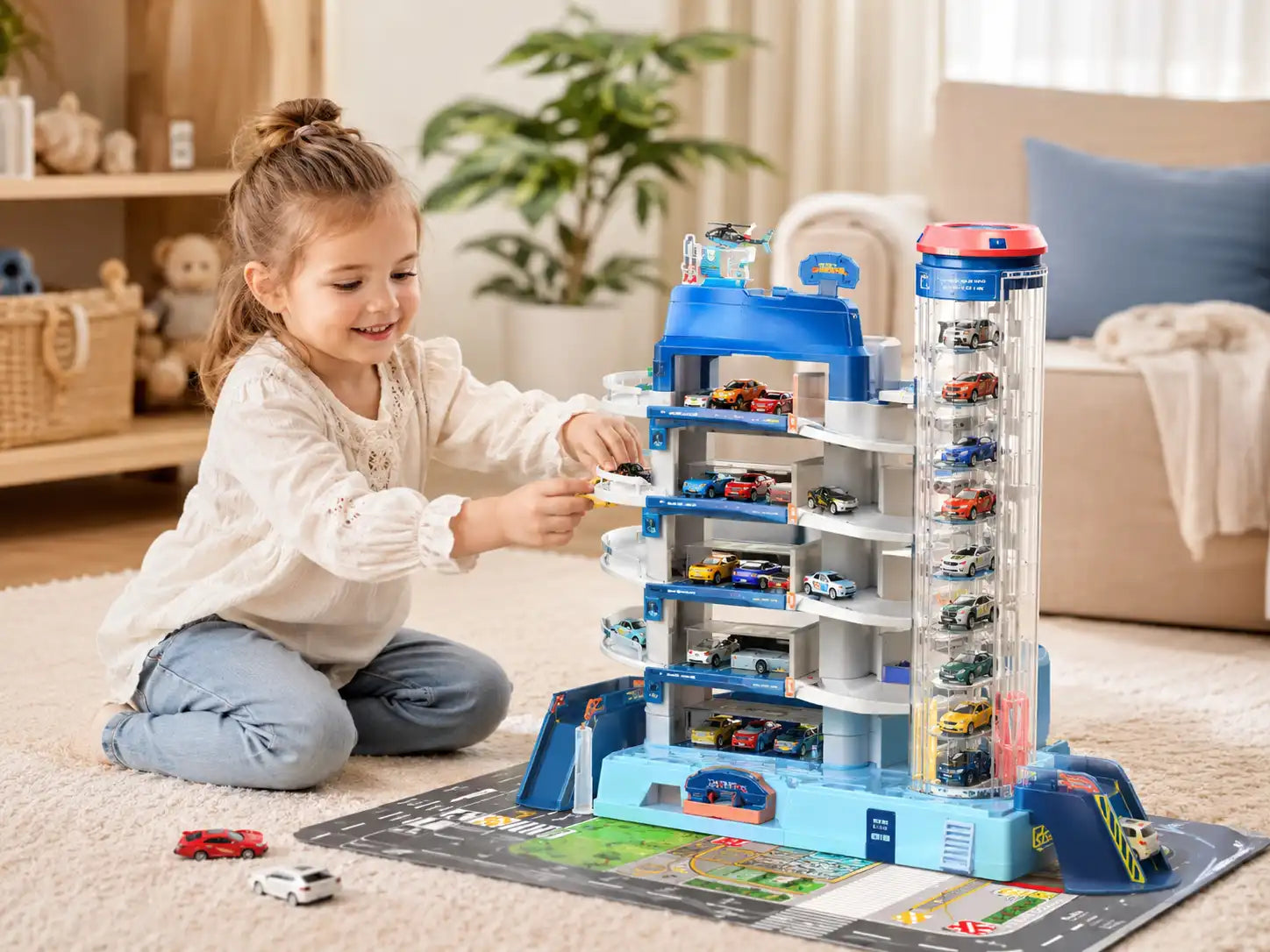 MEACAOFG Kids Electric Parking Garage Toy Set with Car Elevator, Ramp Track & Mini Cars – Interactive City Parking Lot Playset for Toddlers and Children