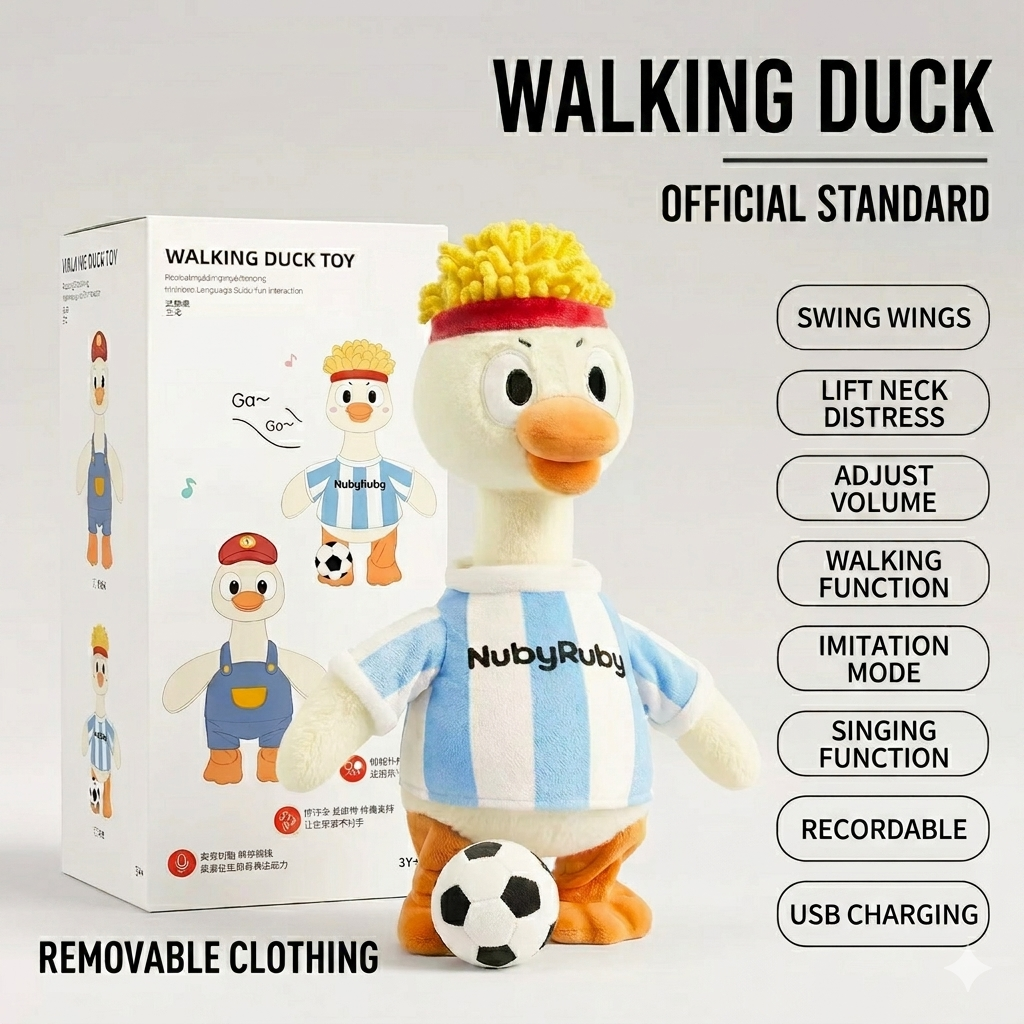 MEACAOFG-Interactive Soccer Duck Baby Toy - Musical Walking Crawling Toy in Argentina Jersey, Talking & Repeating Plush Duck with Remote Control, Voice Recording, Flapping Wings, USB Rechargeable Gift for Infant Toddler