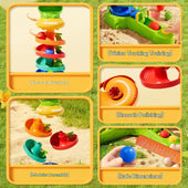 Frog ball drop track toy for toddlers with colorful rotating tower, rolling balls, and press-to-launch buttons for early learning play.