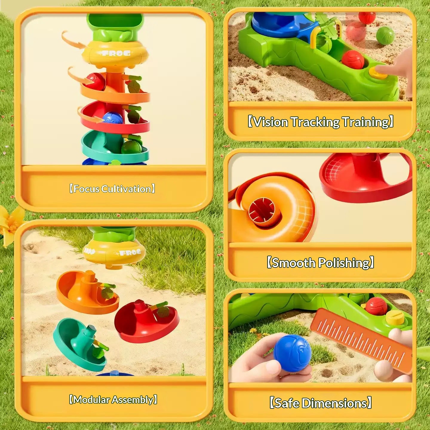 Frog ball drop track toy for toddlers with colorful rotating tower, rolling balls, and press-to-launch buttons for early learning play.