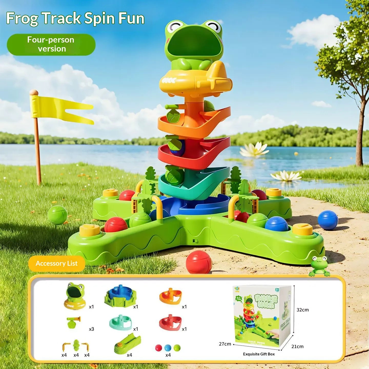 Frog ball drop track toy for toddlers with colorful rotating tower, rolling balls, and press-to-launch buttons for early learning play.