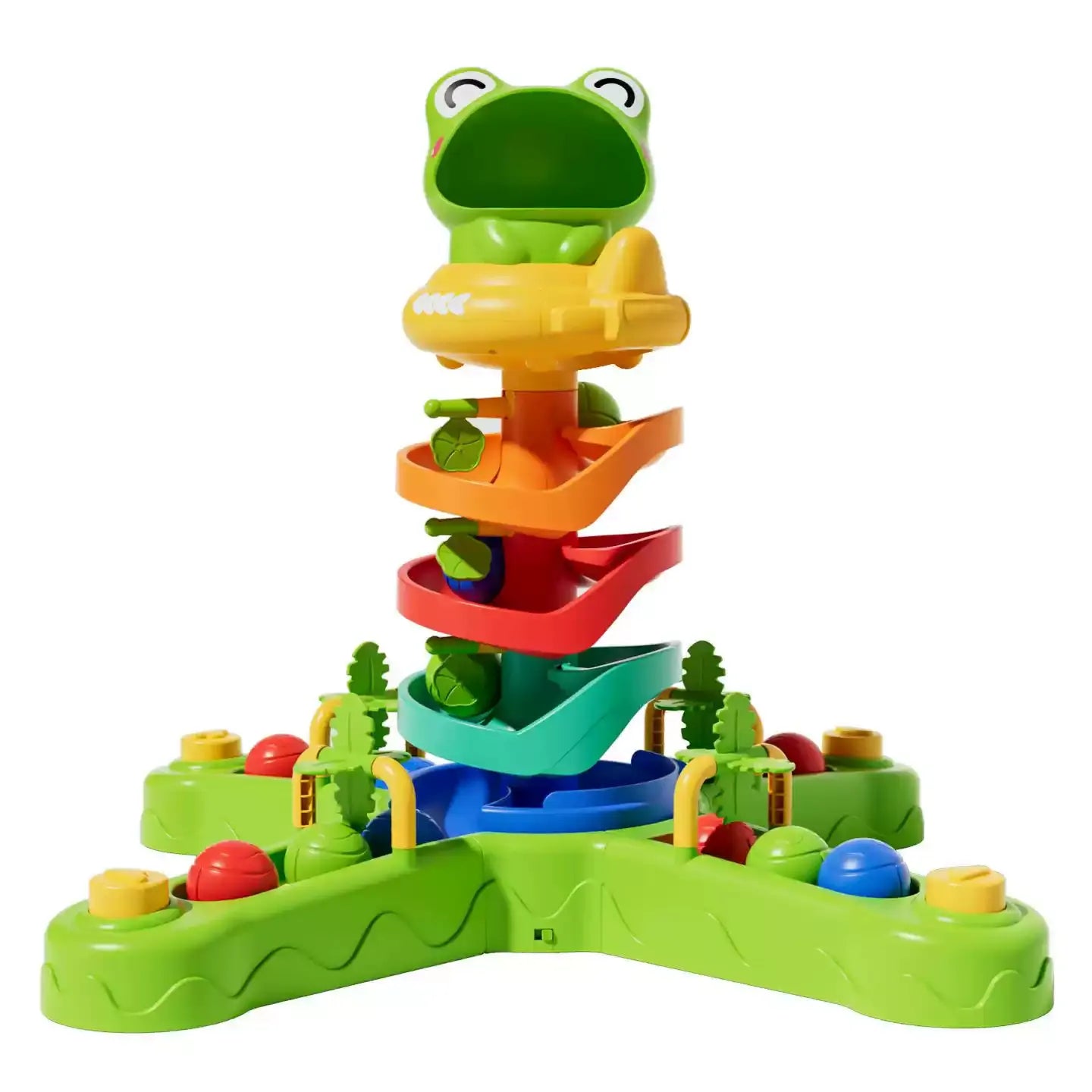 Frog ball drop track toy for toddlers with colorful rotating tower, rolling balls, and press-to-launch buttons for early learning play.