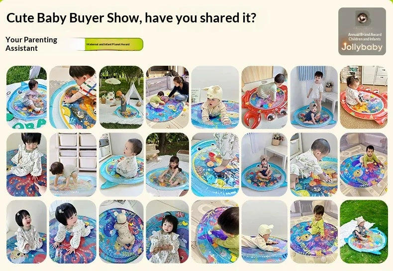 Inflatable baby duck tummy time water mat with colorful sensory design, portable storage, air pump, and indoor outdoor play features for infants and toddlers.