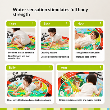 Inflatable baby duck tummy time water mat with colorful sensory design, portable storage, air pump, and indoor outdoor play features for infants and toddlers.