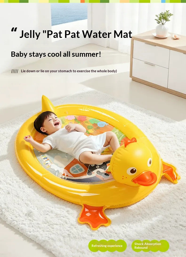 Inflatable baby duck tummy time water mat with colorful sensory design, portable storage, air pump, and indoor outdoor play features for infants and toddlers.