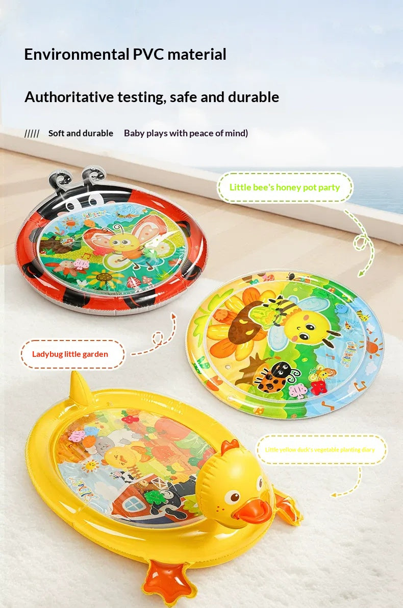 Inflatable baby duck tummy time water mat with colorful sensory design, portable storage, air pump, and indoor outdoor play features for infants and toddlers.