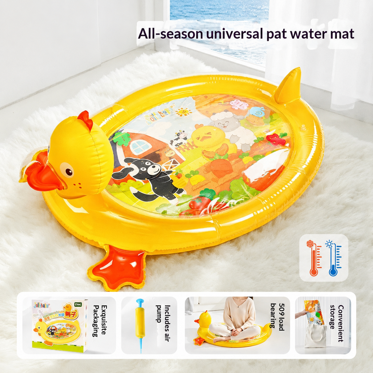 Inflatable baby duck tummy time water mat with colorful sensory design, portable storage, air pump, and indoor outdoor play features for infants and toddlers.
