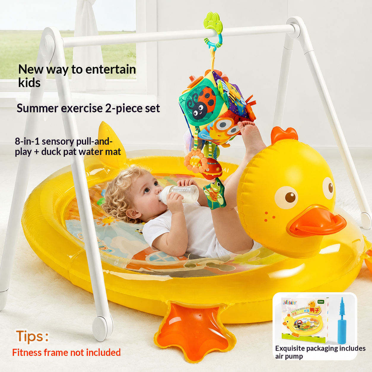 Inflatable baby duck tummy time water mat with colorful sensory design, portable storage, air pump, and indoor outdoor play features for infants and toddlers.