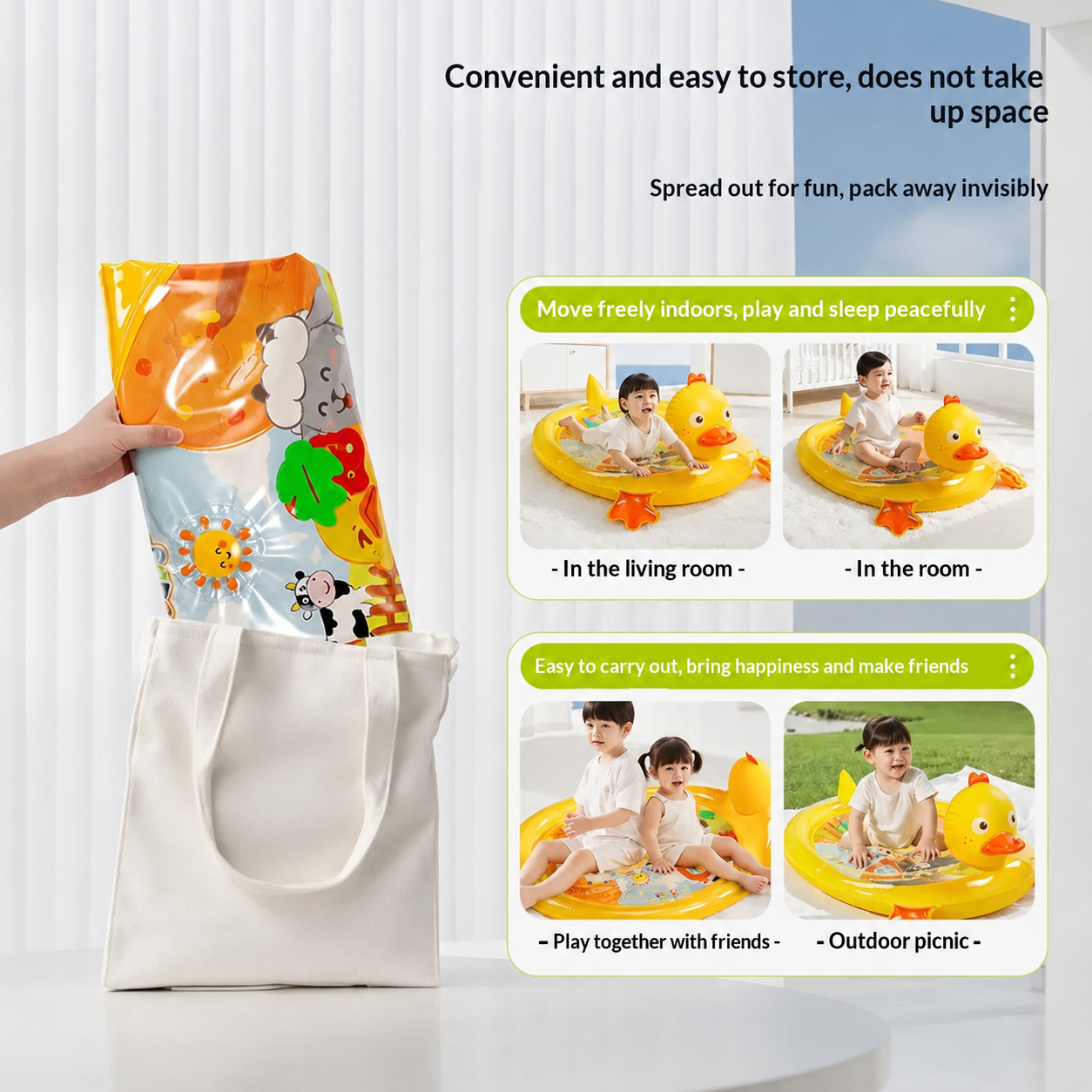 Inflatable baby duck tummy time water mat with colorful sensory design, portable storage, air pump, and indoor outdoor play features for infants and toddlers.