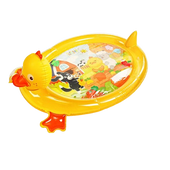 Inflatable baby duck tummy time water mat with colorful sensory design, portable storage, air pump, and indoor outdoor play features for infants and toddlers.