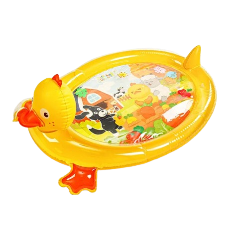 Inflatable baby duck tummy time water mat with colorful sensory design, portable storage, air pump, and indoor outdoor play features for infants and toddlers.