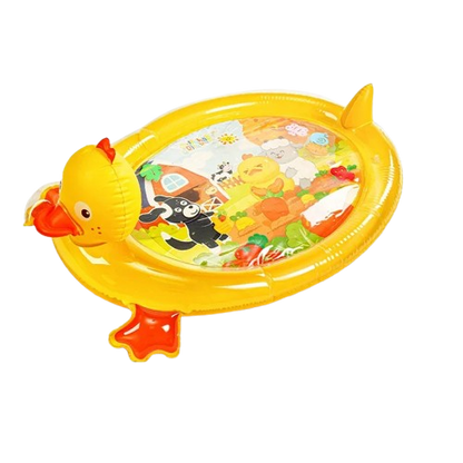 Inflatable baby duck tummy time water mat with colorful sensory design, portable storage, air pump, and indoor outdoor play features for infants and toddlers.