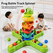 Frog ball drop track toy for toddlers with colorful rotating tower, rolling balls, and press-to-launch buttons for early learning play.