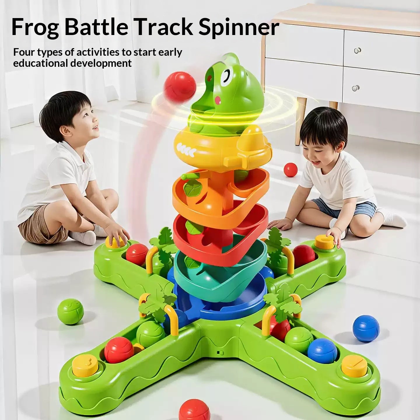 Frog ball drop track toy for toddlers with colorful rotating tower, rolling balls, and press-to-launch buttons for early learning play.