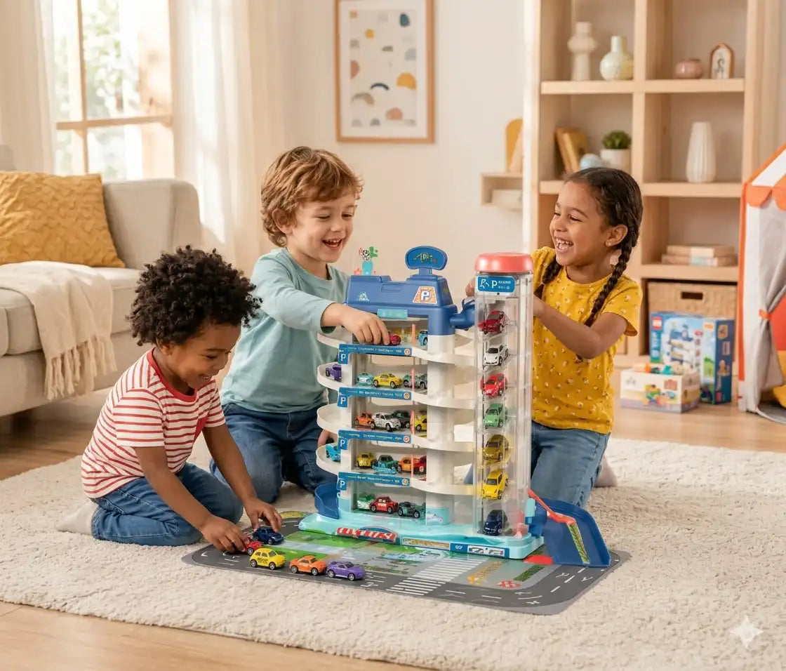 MEACAOFG Kids Electric Parking Garage Toy Set with Car Elevator, Ramp Track & Mini Cars – Interactive City Parking Lot Playset for Toddlers and Children
