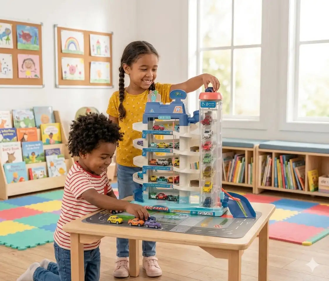 MEACAOFG Kids Electric Parking Garage Toy Set with Car Elevator, Ramp Track & Mini Cars – Interactive City Parking Lot Playset for Toddlers and Children