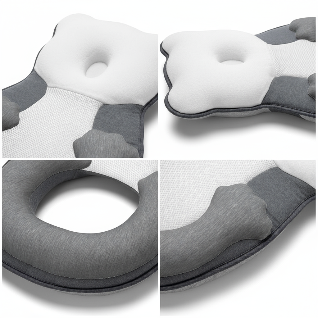 Baby head shaping pillow showing memory foam and leg cushion