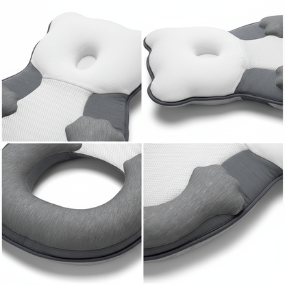 Baby head shaping pillow showing memory foam and leg cushion